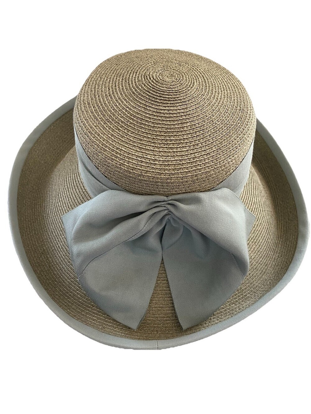 ERIC JAVITS Beige Natural Straw Wide Brim Fedora Floppy Sun Hat Blue Wide Bow